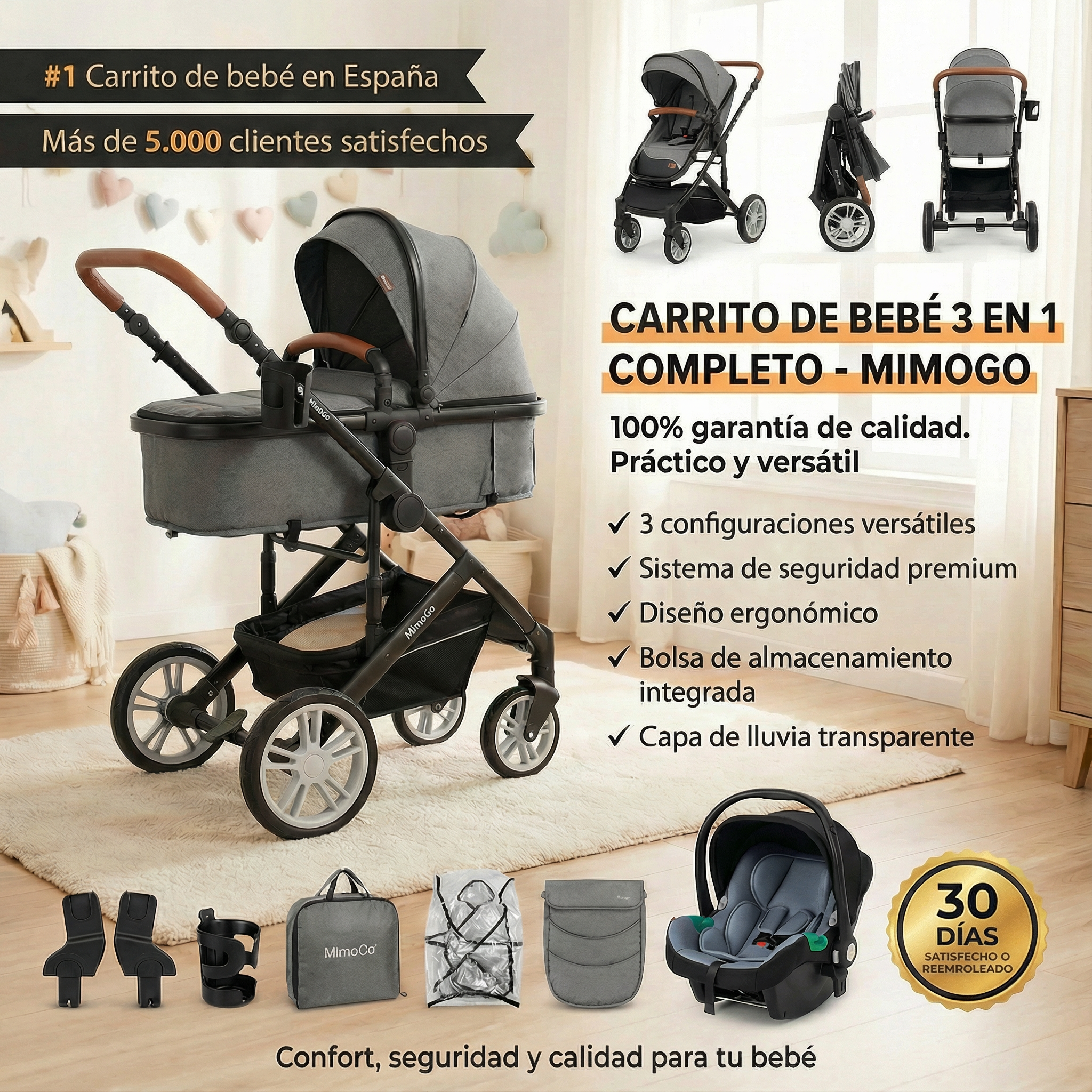 Carrito de bebé 3 en 1 Completo - MimoGo 